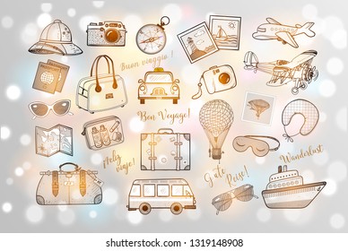 Travel doodles on white glowing background