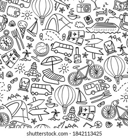 Travel doodles seamless pattern. Vacation print on white background. Vector illustration.