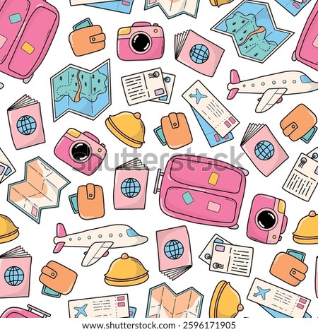 Travel doodles seamless pattern for wallpaper, digital paper, textile prints, backgrounds, stationery, wrapping paper, etc. EPS 10