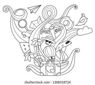 Travel doodles. Vacation objects with doodle waves. Cute art for coloring, easy to change colors.