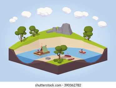 Travel down the river on a raft and punt. 3D lowpoly isometric vector concept illustration