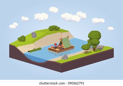 Travel down the river on a raft. 3D lowpoly isometric vector concept illustration