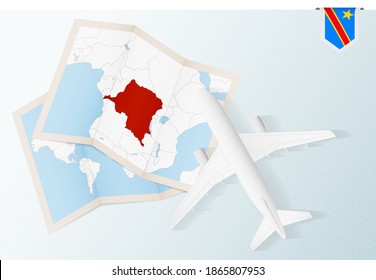 Travel to DR Congo, top view airplane with map and flag of DR Congo. Travel and tourism banner design.