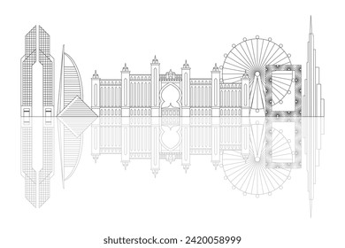 Travel Dubai city skyline travel line art scene. Emirates city panorama illustration with popular UAE landmarks and attractions. Modern and traditional Arab architecture of United Arab Emirates.