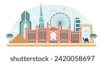 Travel Dubai city skyline travel web banner. Colorful Emirates city panorama illustration with popular UAE landmarks and attractions. Modern and traditional Arab architecture of United Arab Emirates.