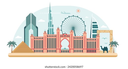 Travel Dubai city skyline travel web banner. Colorful Emirates city panorama illustration with popular UAE landmarks and attractions. Modern and traditional Arab architecture of United Arab Emirates.