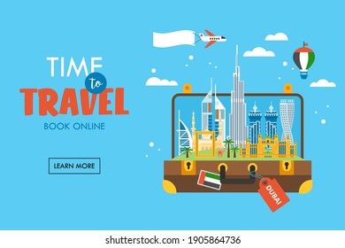 Travel to Dubai concept with skyline and famous buildings landmark in suitcase