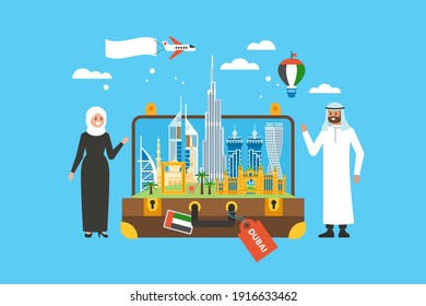 Travel to Dubai concept with skyline, famous buildings landmark in suitcase and Arab people characters