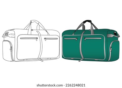 Travel Duffle Bag, Vector Illustration, Bag Outline Template, Fashion Flats Sketch, Duffel Bag for Camping Gym Weekender Bag, Vector Clip Art Template