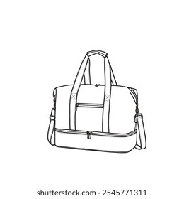 Travel duffle bag for women with shoe compartment, carry-on bag, hospital tote bag line art flat sketch illustration drawing template mock-up. Isolated on a white background.