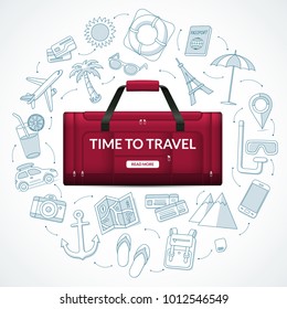 Travel Duffle Luggage Bag With The Set Of Tourism, Journey, Trip, Tour, Summer Vacation Doodle Icons. Time To Travel Concept Vector Illustration