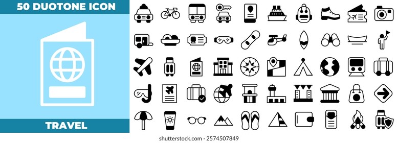 Travel Duotone Editable Icons set. Vector illustration in modern thin duotone style of travel icons: Travel Booking, Airport Transfer, Hotel Reservation, etc