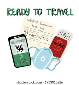 Travel during Covid-19 pandemic set. Passport and flight tickets, medical face mask, health or Immune passport app on cellphone screen or paper Vaccination Record card.