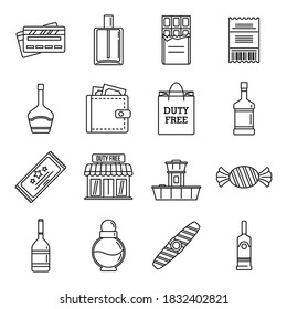 Travel duty free shop icons set. Outline set of travel duty free shop vector icons for web design isolated on white background