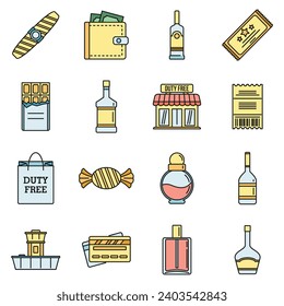 Travel duty free shop icons set. Outline set of travel duty free shop vector icons thin line color flat on white