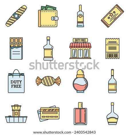 Travel duty free shop icons set. Outline set of travel duty free shop vector icons thin line color flat on white