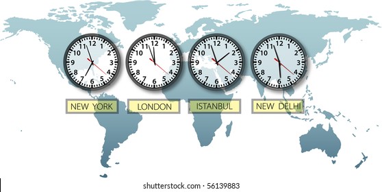 Travel Earth city time clocks on world map with space to crop and for copy.