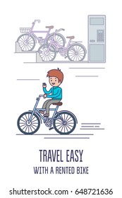 Travel easily by using the hire bikes. A poster with a person riding from the bikes. Vector