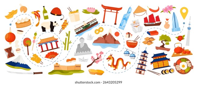 Travel to East Asia, Asian culture elements, cuisine and nature, animals and landmarks on tourist trip to destination. Great Wall of China and pagoda, mountain and sakura cartoon vector illustration