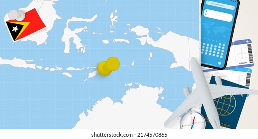 Travel to East Timor concept, map with pin on map of East Timor. Vacation preparation map, flag, passport and tickets. Vector illustration in flat design.