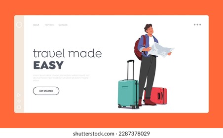 Travel Easy Landing Page Template. Man Holding Map And Luggage, Looking Prepared To Travel. Image Promoting Travel-related Products And Services, Airlines, Hotels And Tour. Cartoon Vector Illustration