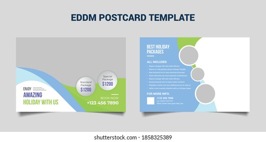 Travel eddm postcard template, postcard for travel or tour business with sky blue and green color shape.