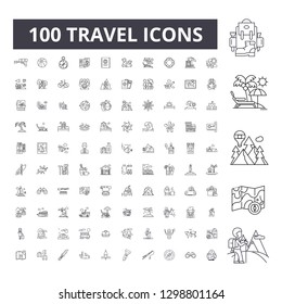 Travel editable line icons, 100 vector set, collection. Travel black outline illustrations, signs, symbols