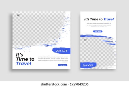 Travel Editable minimal square banner template. Blue white background color with geometric shapes for social media post, story and web internet ads. Vector illustration