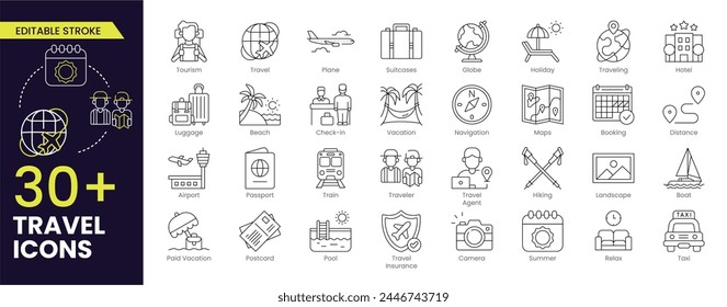 Travel Editable Stroke icon set. Summer vacations and holiday symbol vector illustration. Collection of traveling and tourism elements. Editable Outline icon.