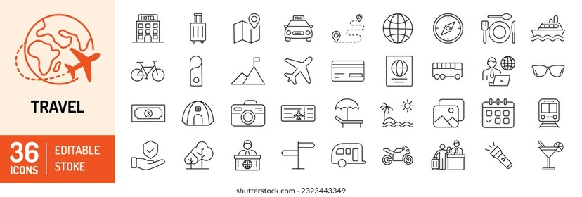 Travel editable stroke icons set. Travel, hotel, holiday, tourism, beach, plane, map, agent and insurance. Vector Illustration.