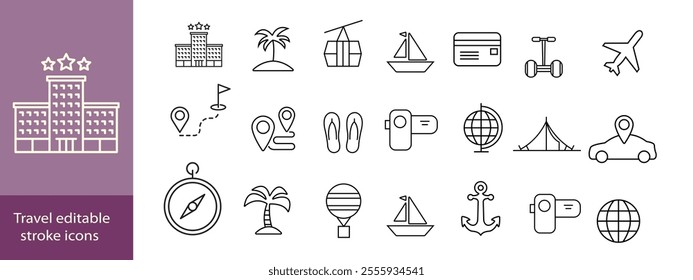 Travel editable stroke icons set. Travel, hotel, holiday, tourism, beach, plane, map, agent and insurance. Vector Illustration.