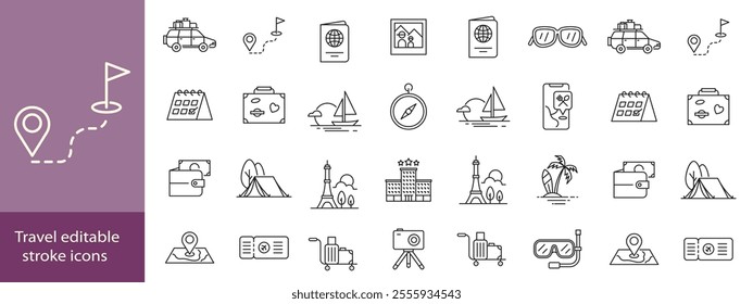 Travel editable stroke icons set. Travel, hotel, holiday, tourism, beach, plane, map, agent and insurance. Vector Illustration.