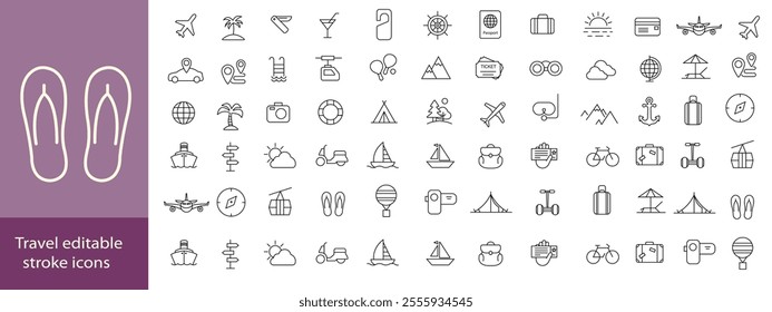 Travel editable stroke icons set. Travel, hotel, holiday, tourism, beach, plane, map, agent and insurance. Vector Illustration.