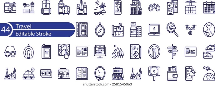 Travel editable stroke icons set. Travel, hotel, holiday, tourism, beach, plane, map, agent and insurance and more.