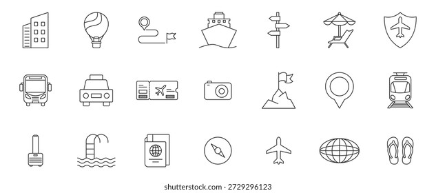 Travel editable stroke icons set. Travel, hotel, holiday, tourism, beach, plane, map, agent and insurance. Vector Illustration.