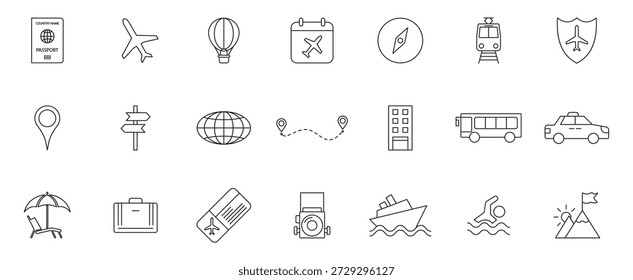Auf Reisen editierbare Strichsymbole. Reisen, Hotel, Urlaub, Tourismus, Strand, Flugzeug, Karte, Agent und Versicherung. Vektorgrafik.