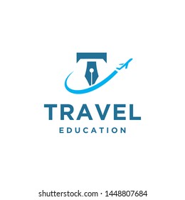 travel education concept logo vector with pencil and plane design isolated