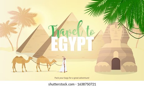 Travel to Egypt banner. Egyptian sphinx, pyramids, palm trees and camels. Well suited for advertising tours to Egypt. Vector poster.