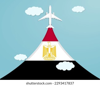 Travel to Egypt by flight, destination concept, vacation in Egypt, plane vector design, paper cut effect with blue sky and airplane, summer trip idea, country tourism banner