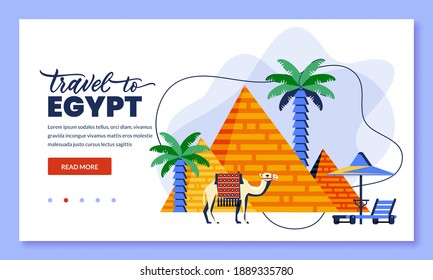 Travel to Egypt and Cairo, vector illustration. Flat cartoo icons of egyptian pyramid, camel and palms. Web landing page, banner or poster design. Tourism and trip concept