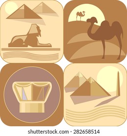 Travel to Egypt, camels, pyramids, Sphinx, icons  