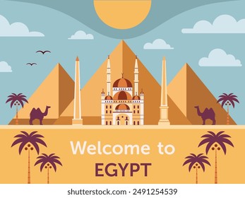 Travel to Egypt card or banner with old mosque of Cairo, Egyptian pyramids and desert camels walking in oasis with palm trees. Arabian scenic landscape illustration in flat design.