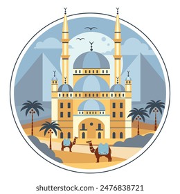 Travel to Egypt circle scene with old mosque of Cairo, Egyptian pyramids and desert camels walking in oasis with palm trees. Arabian scenic illustration print in flat design.