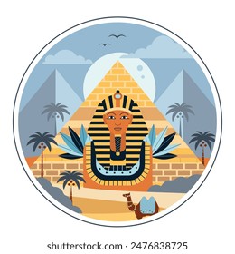 Viaja a Egipto con la escena del círculo con la estatua de la esfinge vieja, las pirámides egipcias y los camellos del desierto caminando en oasis con las palmeras. Impresión de ilustración escénica árabe en diseño plano.