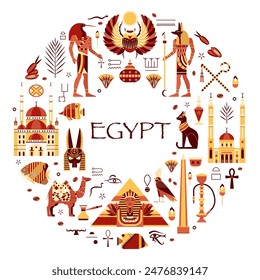 Travel Egypt elements set in heart shape. Card or border frame with famous Egyptian symbols like pyramid, sphinx, ancient gods, scarab, hieroglyphs, cultural signs and architectural landmarks.