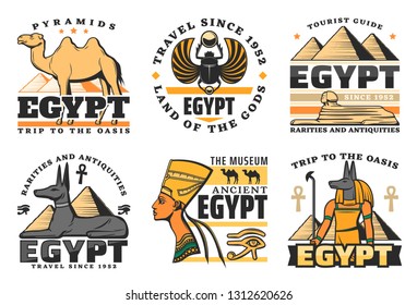 Travel to Egypt, great pyramids isolated icons. Vector camel and scarab, sphinx and Pharaoh Hound, Nefertiti queen and Anubis God. Ancient history of Egyptian culture and religion, museum symbols