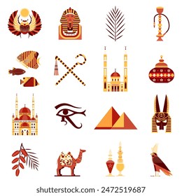 Travel Egypt icon set with cultural symbols, mythological elements and architectural monuments. Egyptian icons of popular landmarks and tourist attractions in flat design.