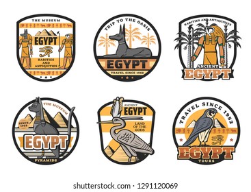 Travel to Egypt icons, Egyptian gods and country sights. Isolated vector Ra and Anubis, dog and cat, falcon and stork. Great pyramids on ancient museum of rarities and antiquities symbols