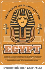 Travel to Egypt poster with ancient egyptian pharaoh Tutankhamen golden death mask in nemes with royal sign of cobra and vulture, plaited beard and symbols of life ankh. Tourism and history vector