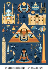 Travel Egypt poster with cultural symbols, mythological elements and architectural monuments. Popular Egyptian landmarks and tourist attractions.